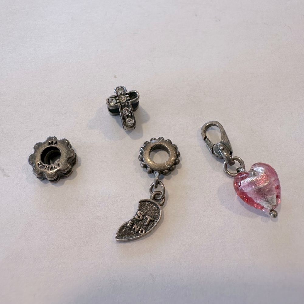 Vintage Charms - Cross, glass heart dangle, separator & half best friends dangle